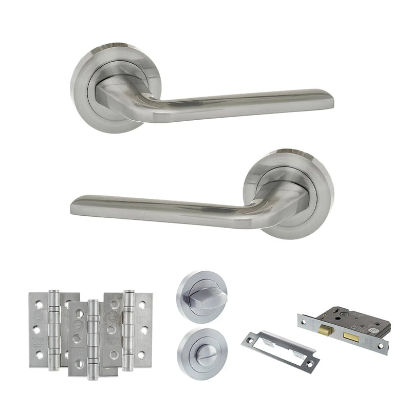 Atlantic Eco Surf Door Handle Pack (Bathroom Set - 3" CE Bathroom Lock, 3" Fire Rated Hinges x3)