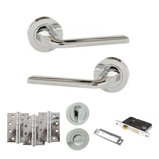 Atlantic Eco Surf Door Handle Pack (Bathroom Set - 3" CE Bathroom Lock, 4" Fire Rated Hinges x3)