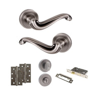 Atlantic Old English Colchester Door Handle Pack (Bathroom Set - 2.5" CE Bathroom Lock, 4" Slim Knuckle Hinges x2)