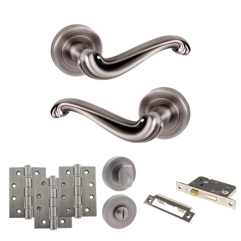 Atlantic Old English Colchester Door Handle Pack (Bathroom Set - 2.5" CE Bathroom Lock, 4" Fire Rated Hinges x3)