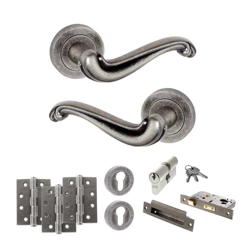 Atlantic Old English Colchester Door Handle Pack (Euro Lock Set - 2.5" CE Sashlock, 4" Fire Rated Hinges x3)