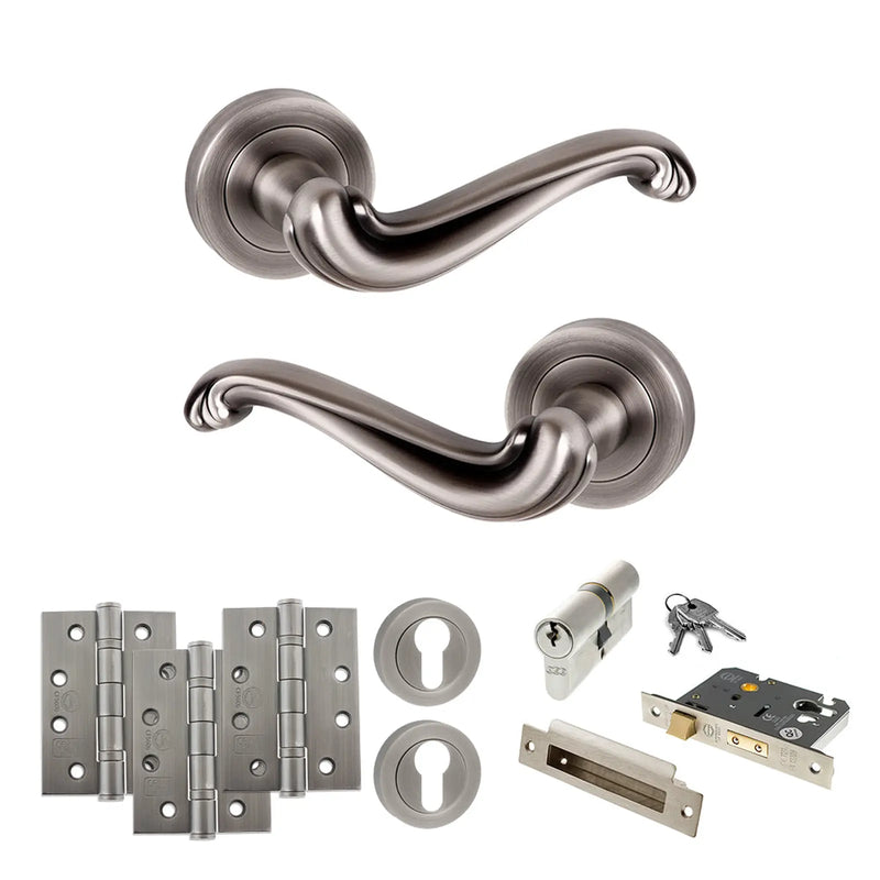 Atlantic Old English Colchester Door Handle Pack (Euro Lock Set - 3" CE Sashlock, 4" Fire Rated Hinges x3)