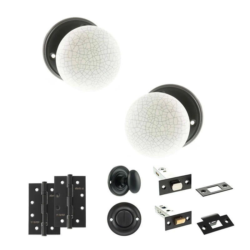 Atlantic Old English Skipton Door Knob Pack (Bathroom Set - 3" Deadbolt, 4" Slim Knuckle Hinges x2)