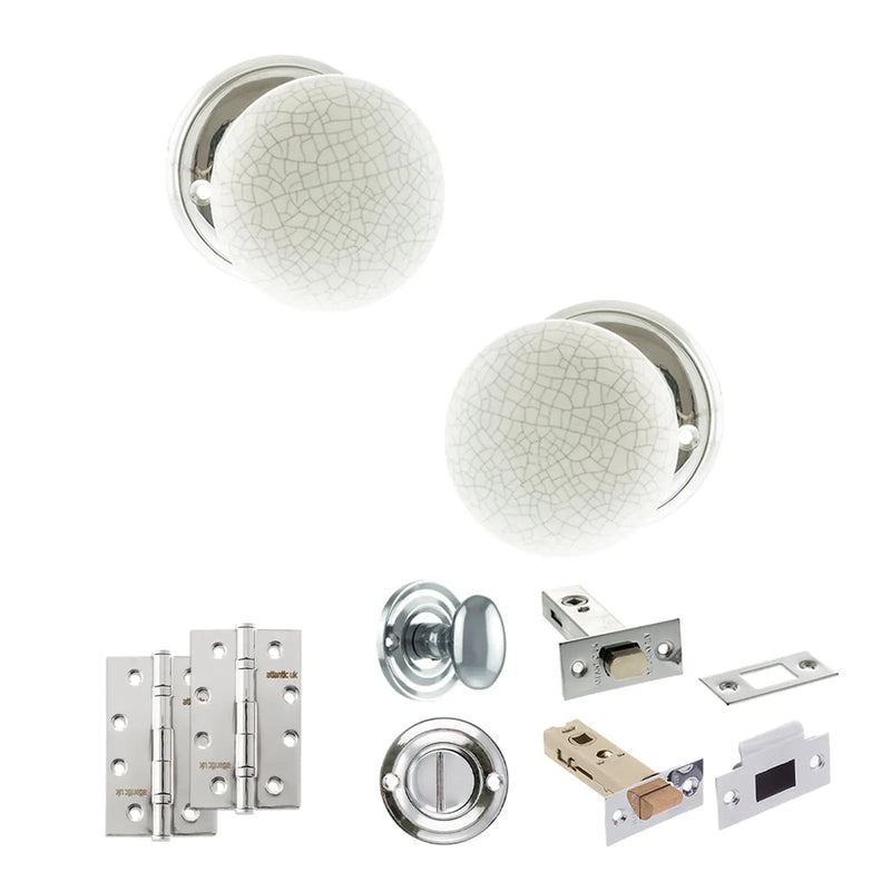 Atlantic Old English Skipton Door Knob Pack (Bathroom Set - 3" Deadbolt, 4" Slim Knuckle Hinges x2)
