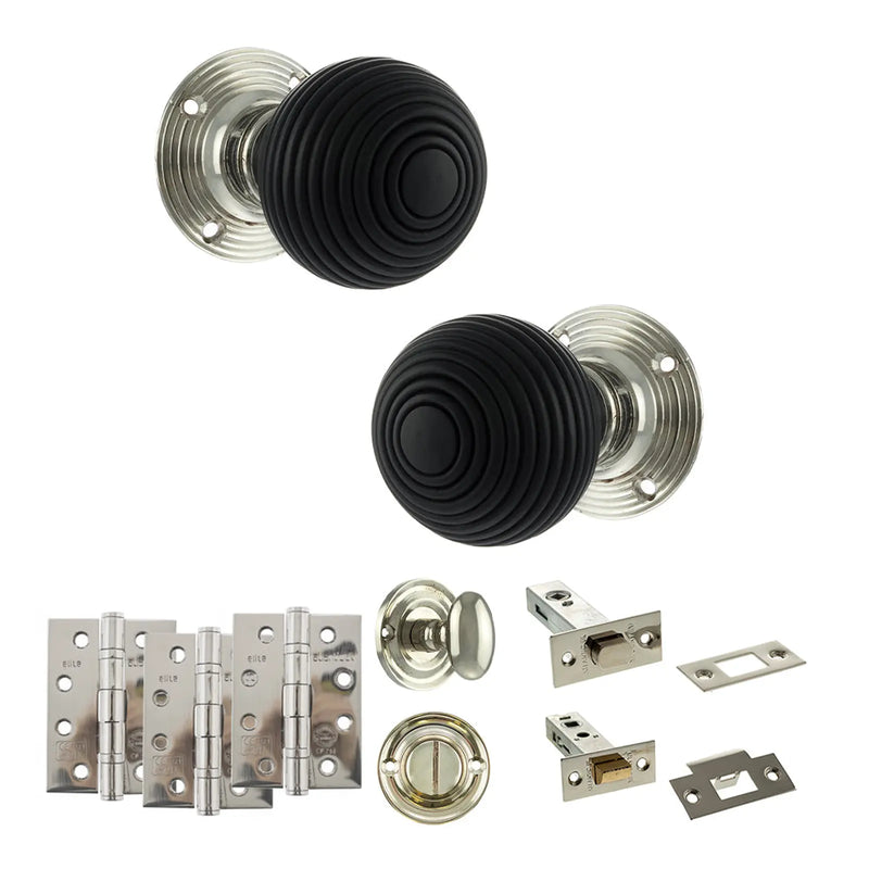 Atlantic Old English Whitby Door Knob Pack (Bathroom Set - 4" Deadbolt, 4" Fire Rated Hinges x3)
