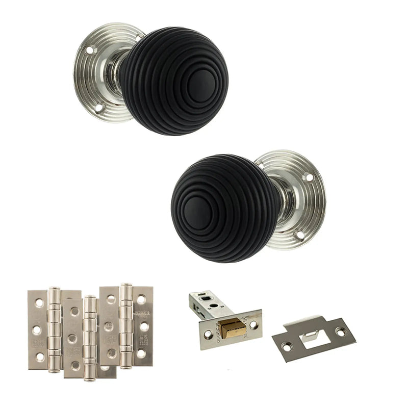 Atlantic Old English Whitby Door Knob Pack (Latch Set - 4" HD Latch, 3" Fire Rated Hinges x3)