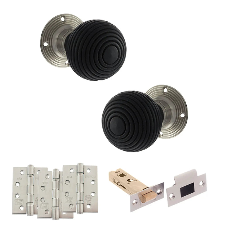 Atlantic Old English Whitby Door Knob Pack (Latch Set - 4" HD Latch, 4" Fire Rated Hinges x3)
