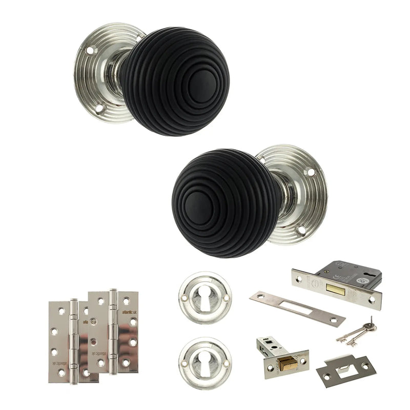 Atlantic Old English Whitby Door Knob Pack (Lock Set - 3" Latch & Deadlock, 4" Slim Knuckle Hinges x2)
