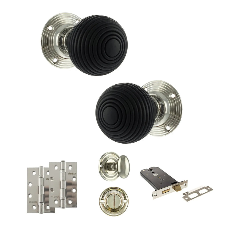 Atlantic Old English Whitby Door Knob Pack (Lock Set - Horizontal Bathlock, 4" Slim Knuckle Hinges x2)