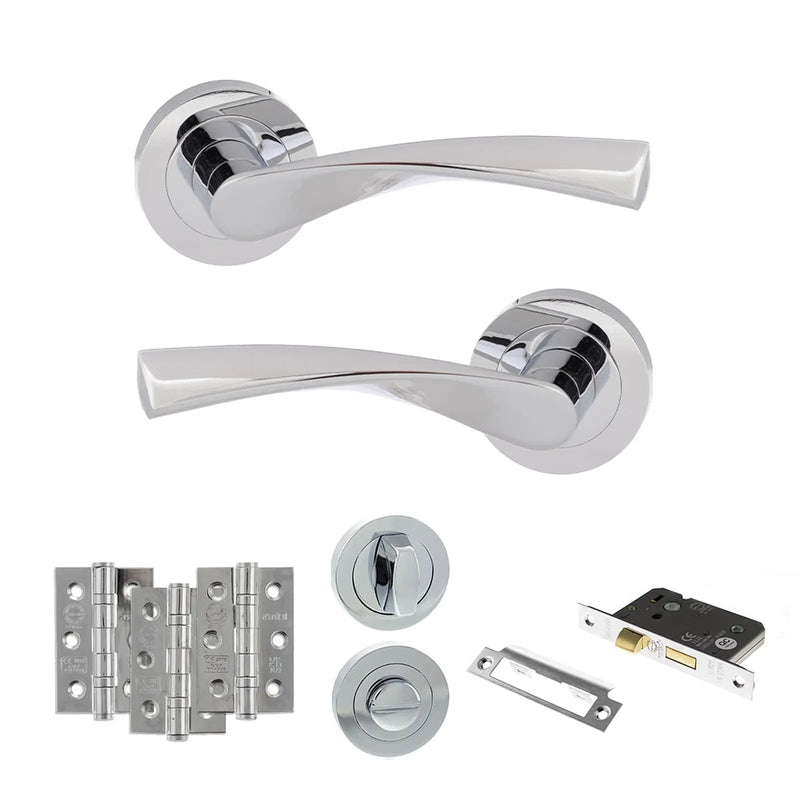 Atlantic Eco Aqua Door Handle Pack (Bathroom Set - 2.5" CE Bathroom Lock, 3" Fire Rated Hinges x3)