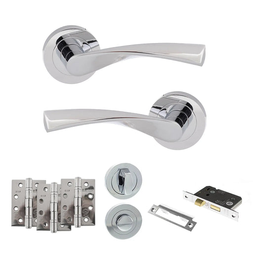 Atlantic Eco Aqua Door Handle Pack (Bathroom Set - 2.5" CE Bathroom Lock, 4" Fire Rated Hinges x3)