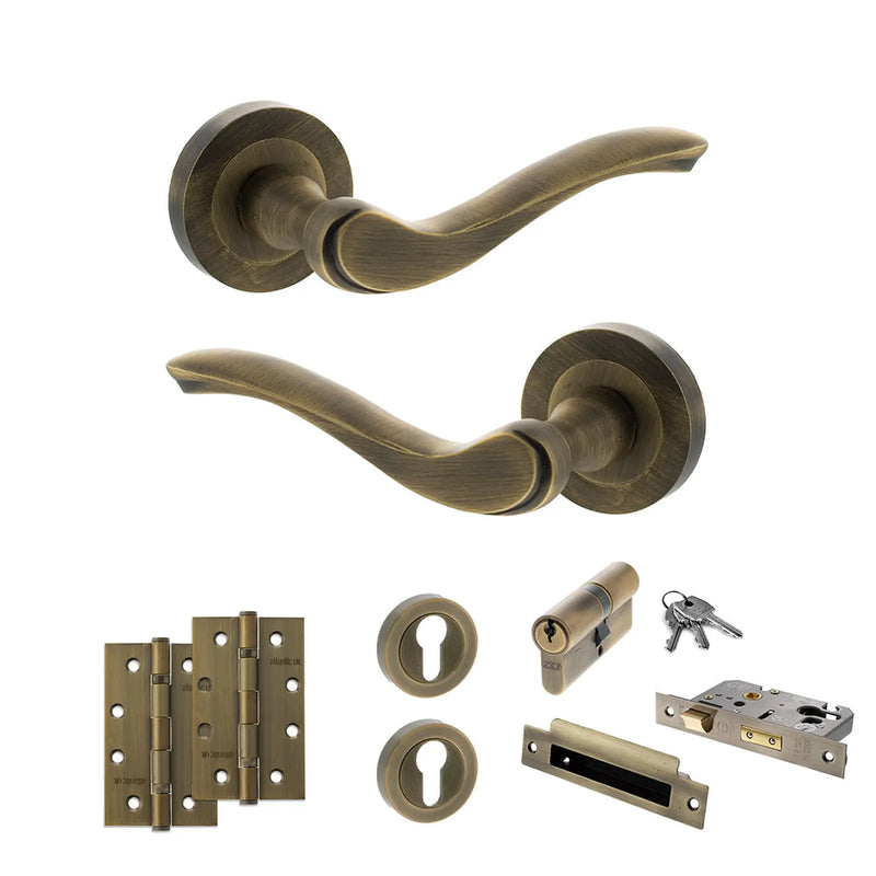 Atlantic Old English Warwick Door Handle Pack (Euro Lock Set - 2.5" CE Sashlock, 4" Slim Knuckle Hinges x2)