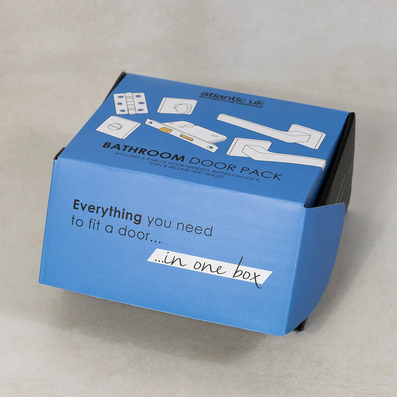 Atlantic STATUS Alabama Door Handle Pack (Bathroom Set - 2.5" CE Bathroom Lock, 4" Fire Rated Hinges x3)