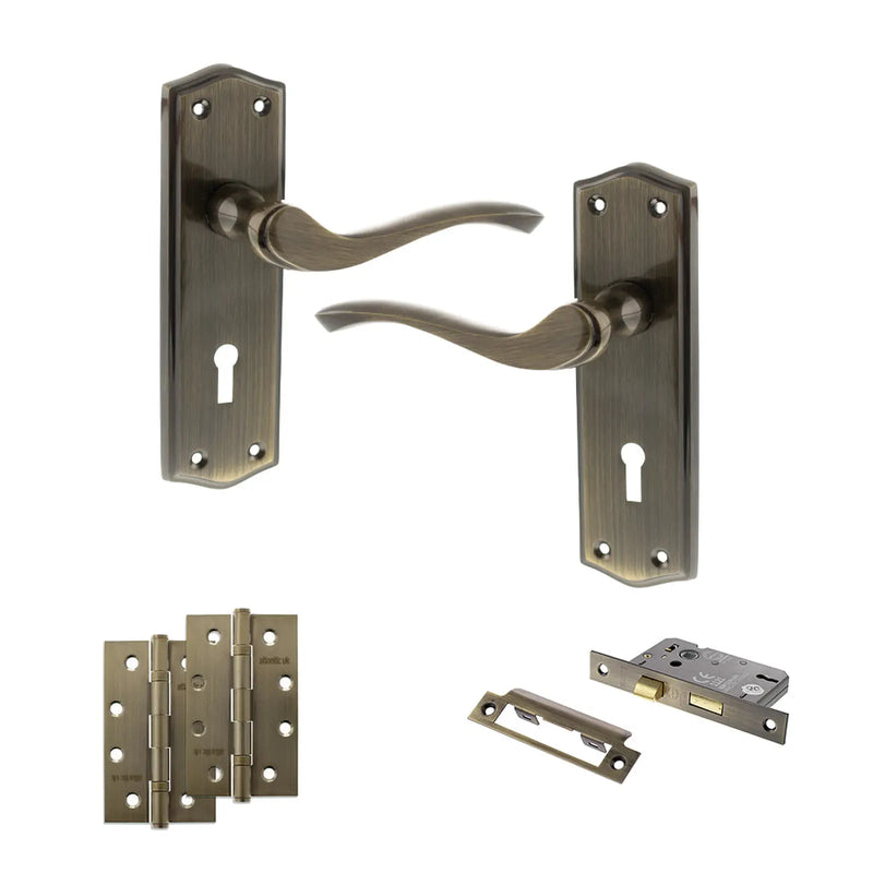Atlantic Old English Warwick Door Handle Pack (3 Lever Lock Set - 3" CE Sashlock, 4" Slim Knuckle Hinges x2)