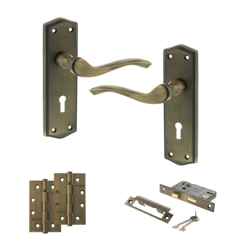 Atlantic Old English Warwick Door Handle Pack (3 Lever Lock Set - 3" CE Sashlock, 4" Slim Knuckle Hinges x2)