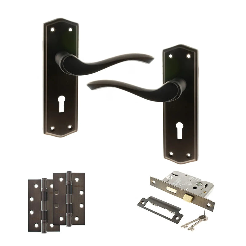 Atlantic Old English Warwick Door Handle Pack (3 Lever Lock Set - 3" CE Sashlock, 4" Slim Knuckle Hinges x2)