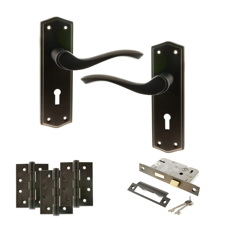 Atlantic Old English Warwick Door Handle Pack (3 Lever Lock Set - 3" CE Sashlock, 4" Fire Rated Hinges x3)