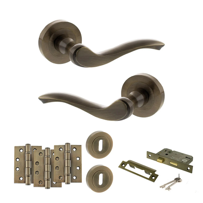 Atlantic Old English Warwick Door Handle Pack (3 Lever Lock Set - 3" CE Sashlock, 4" Fire Rated Hinges x3)