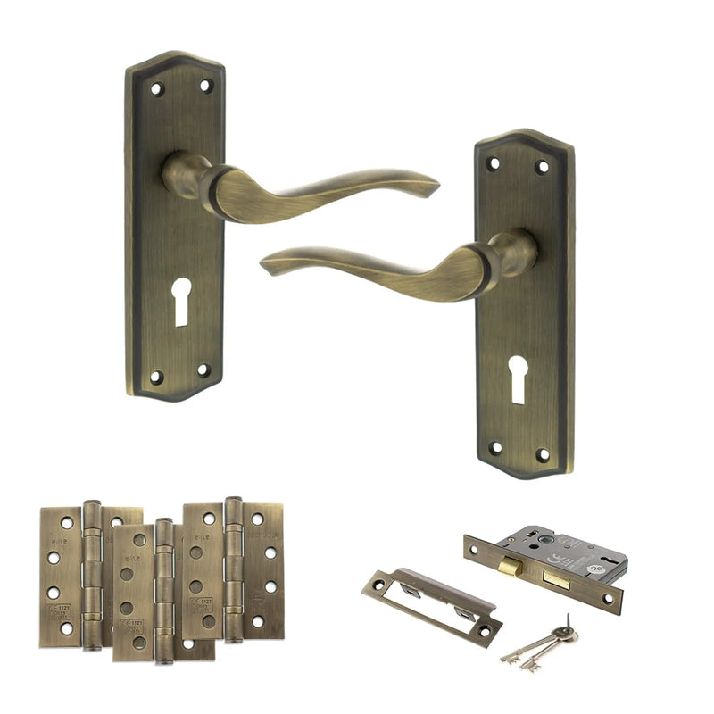 Atlantic Old English Warwick Door Handle Pack (3 Lever Lock Set - 2.5" CE Sashlock, 4" Fire Rated Hinges x3)