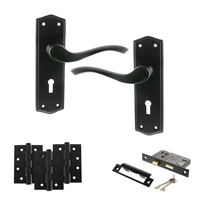 Atlantic Old English Warwick Door Handle Pack (3 Lever Lock Set - 2.5" CE Sashlock, 4" Fire Rated Hinges x3)