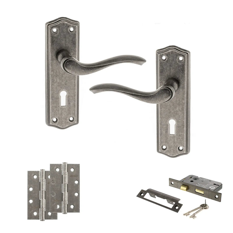 Atlantic Old English Warwick Door Handle Pack (3 Lever Lock Set - 2.5" CE Sashlock, 4" Slim Knuckle Hinges x2)