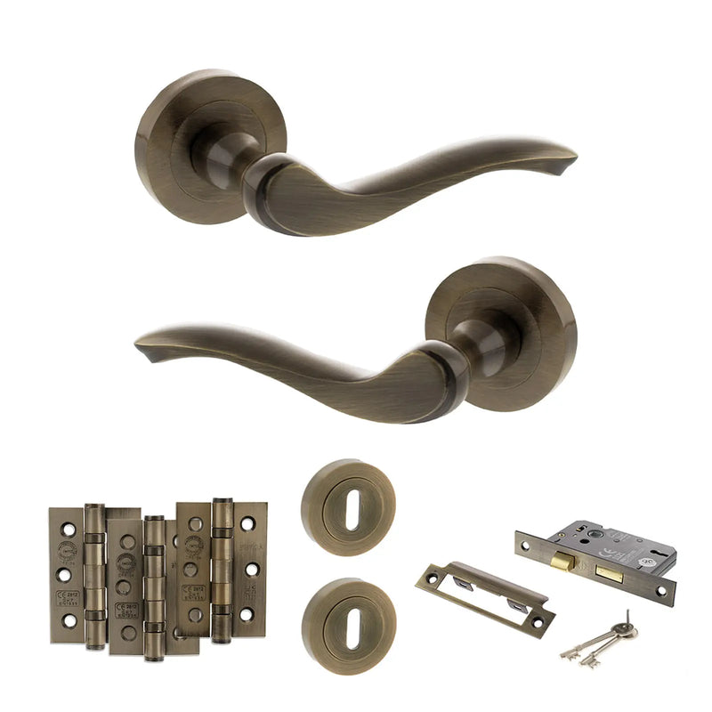 Atlantic Old English Warwick Door Handle Pack (3 Lever Lock Set - 3" CE Sashlock, 3" Fire Rated Hinges x3)