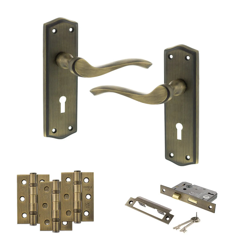 Atlantic Old English Warwick Door Handle Pack (3 Lever Lock Set - 3" CE Sashlock, 3" Fire Rated Hinges x3)