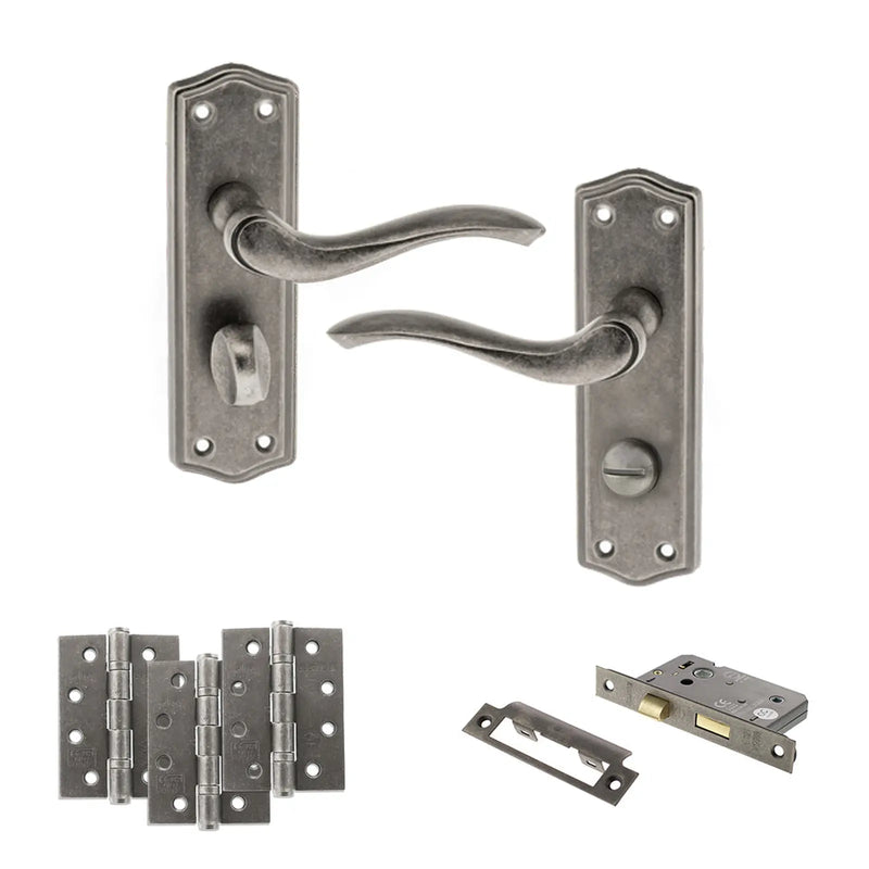 Atlantic Old English Warwick Door Handle Pack (Bathroom Set - 2.5" CE Bathroom Lock, 4" Fire Rated Hinges x3)