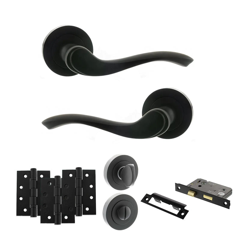 Atlantic Old English Warwick Door Handle Pack (Bathroom Set - 2.5" CE Bathroom Lock, 4" Fire Rated Hinges x3)