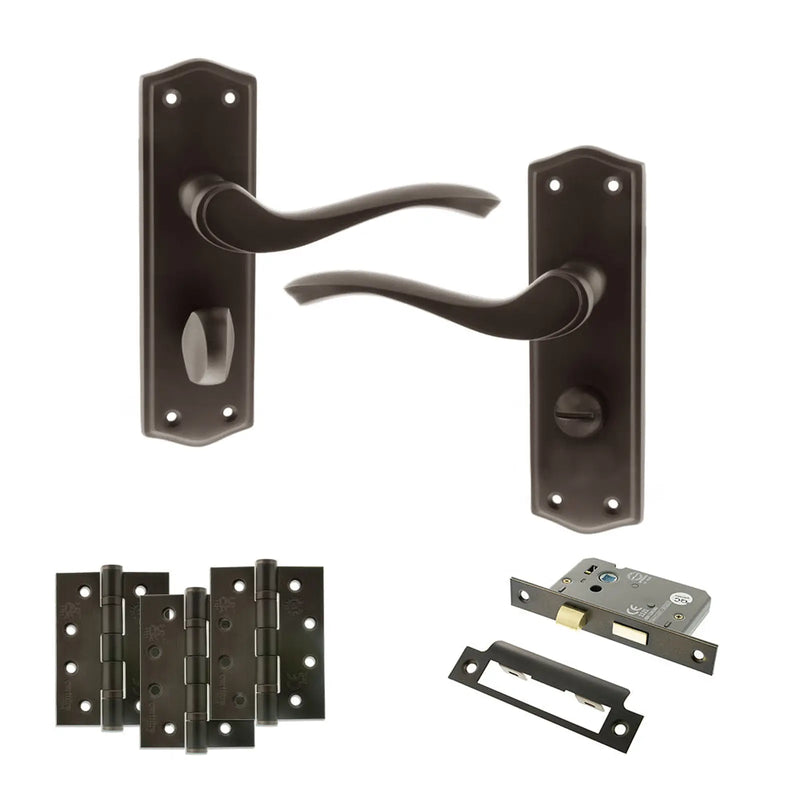 Atlantic Old English Warwick Door Handle Pack (Bathroom Set - 2.5" CE Bathroom Lock, 4" Fire Rated Hinges x3)