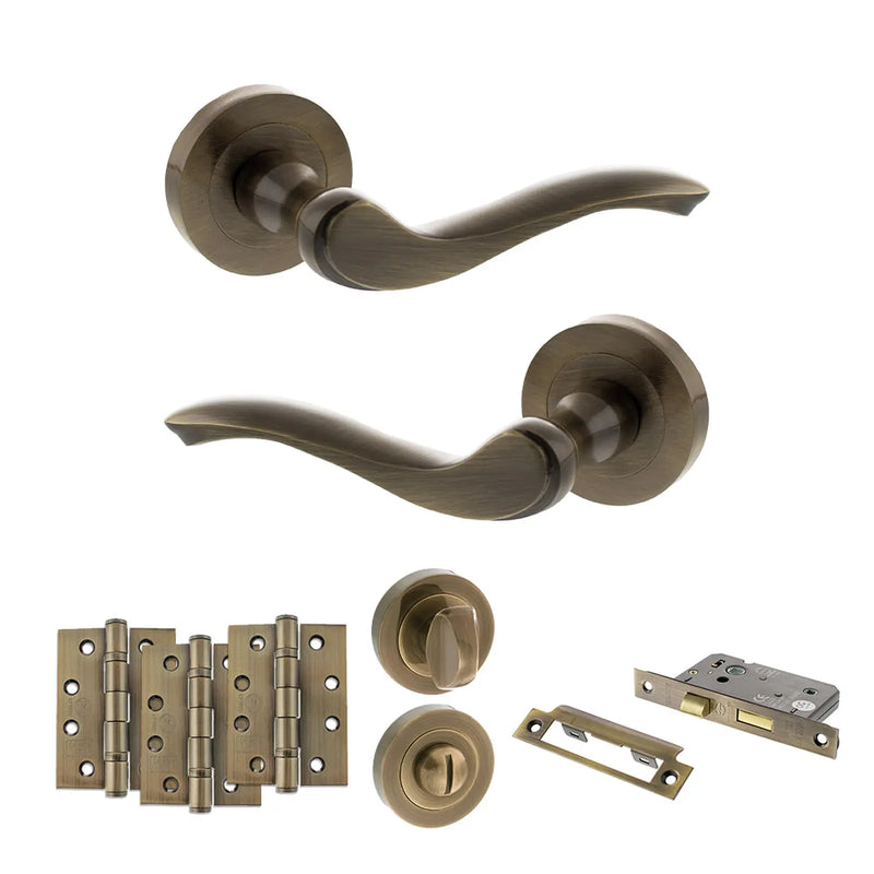 Atlantic Old English Warwick Door Handle Pack (Bathroom Set - 3" CE Bathroom Lock, 4" Fire Rated Hinges x3)