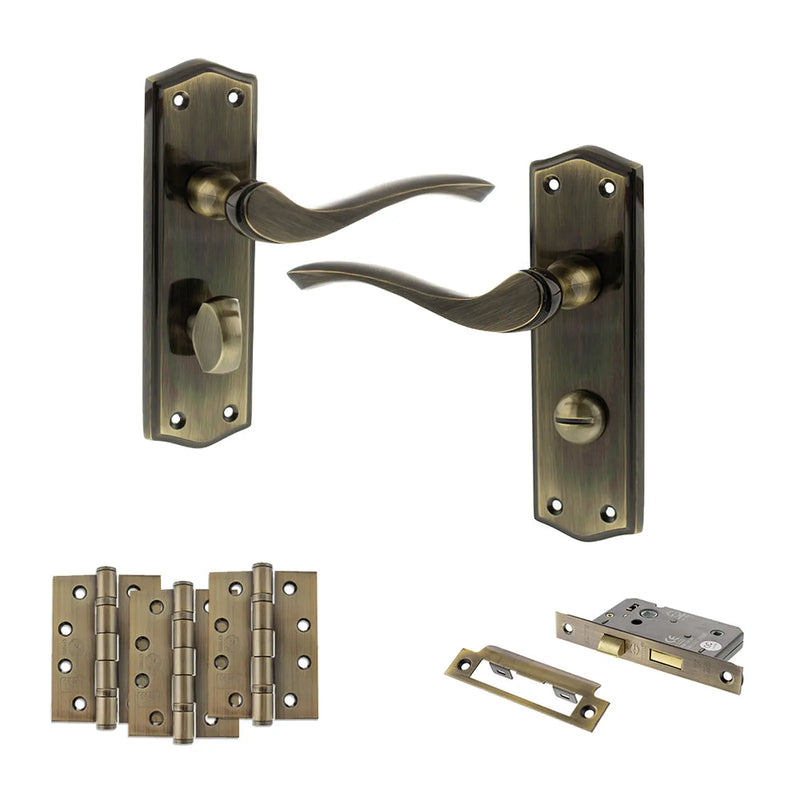 Atlantic Old English Warwick Door Handle Pack (Bathroom Set - 3" CE Bathroom Lock, 4" Fire Rated Hinges x3)