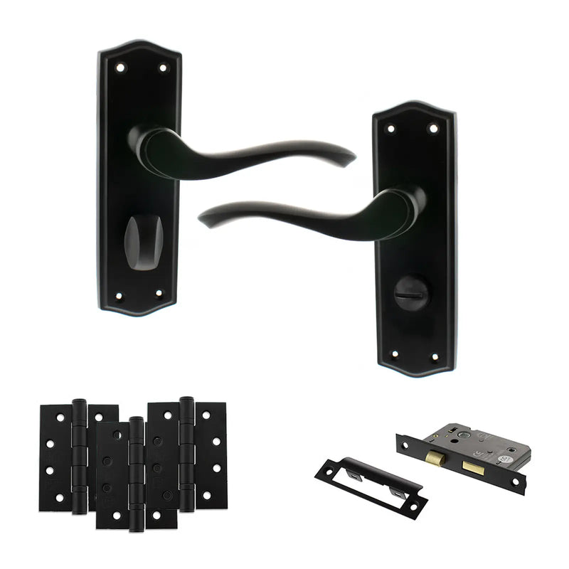 Atlantic Old English Warwick Door Handle Pack (Bathroom Set - 3" CE Bathroom Lock, 4" Fire Rated Hinges x3)