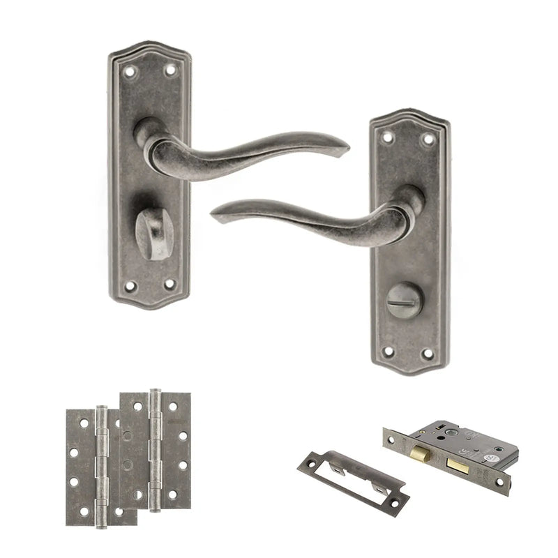 Atlantic Old English Warwick Door Handle Pack (Bathroom Set - 3" CE Bathroom Lock, 4" Slim Knuckle Hinges x2)