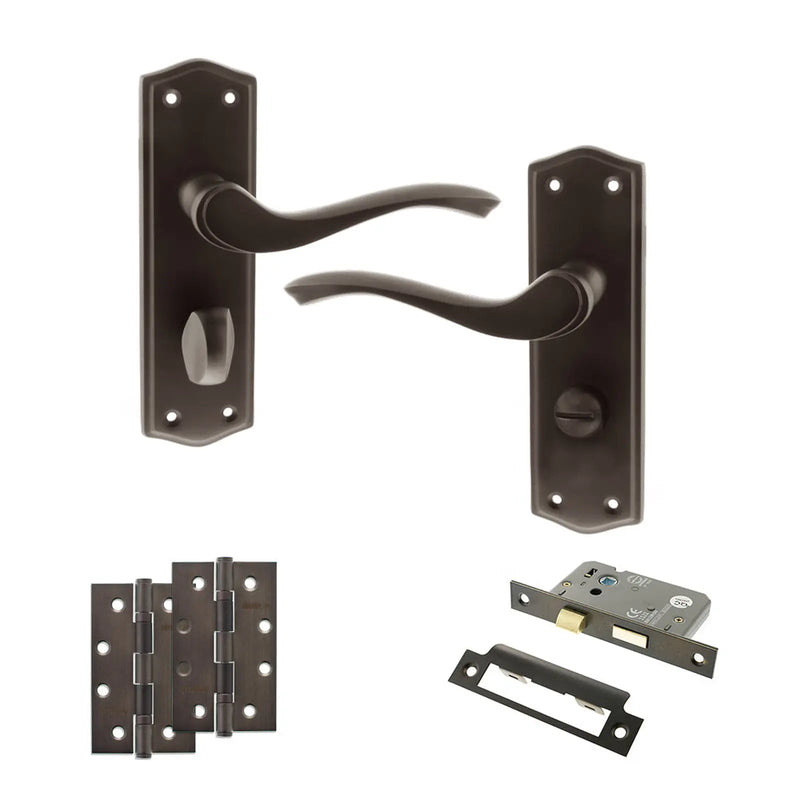 Atlantic Old English Warwick Door Handle Pack (Bathroom Set - 3" CE Bathroom Lock, 4" Slim Knuckle Hinges x2)