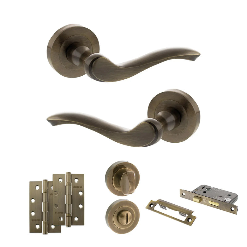 Atlantic Old English Warwick Door Handle Pack (Bathroom Set - 3" CE Bathroom Lock, 4" Slim Knuckle Hinges x2)