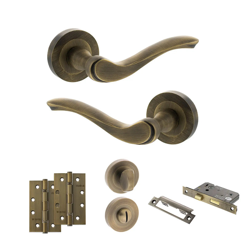 Atlantic Old English Warwick Door Handle Pack (Bathroom Set - 3" CE Bathroom Lock, 4" Slim Knuckle Hinges x2)
