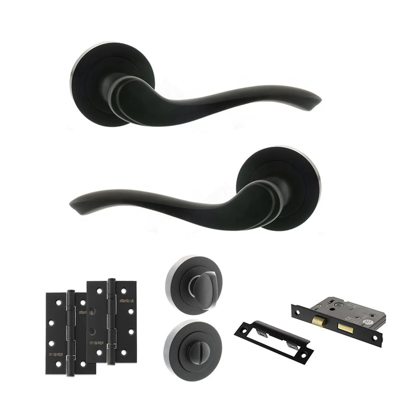 Atlantic Old English Warwick Door Handle Pack (Bathroom Set - 3" CE Bathroom Lock, 4" Slim Knuckle Hinges x2)