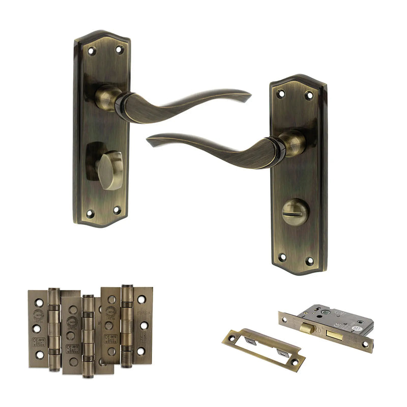 Atlantic Old English Warwick Door Handle Pack (Bathroom Set - 2.5" CE Bathroom Lock, 3" Fire Rated Hinges x3)