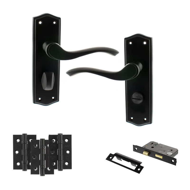 Atlantic Old English Warwick Door Handle Pack (Bathroom Set - 2.5" CE Bathroom Lock, 3" Fire Rated Hinges x3)