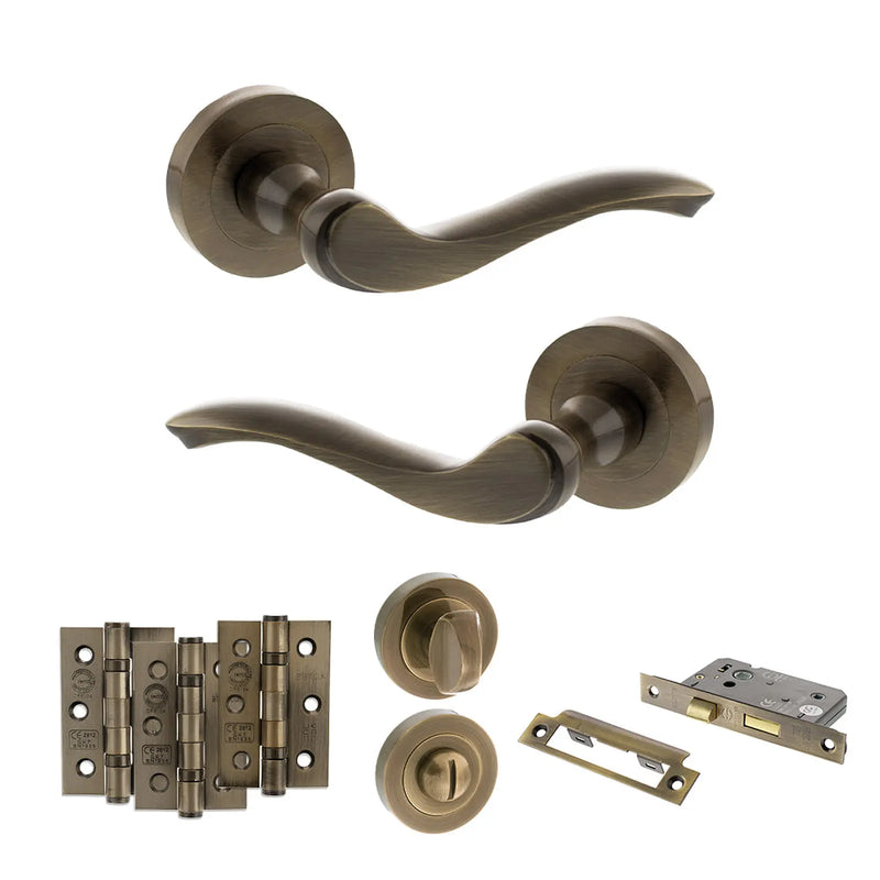 Atlantic Old English Warwick Door Handle Pack (Bathroom Set - 2.5" CE Bathroom Lock, 3" Fire Rated Hinges x3)