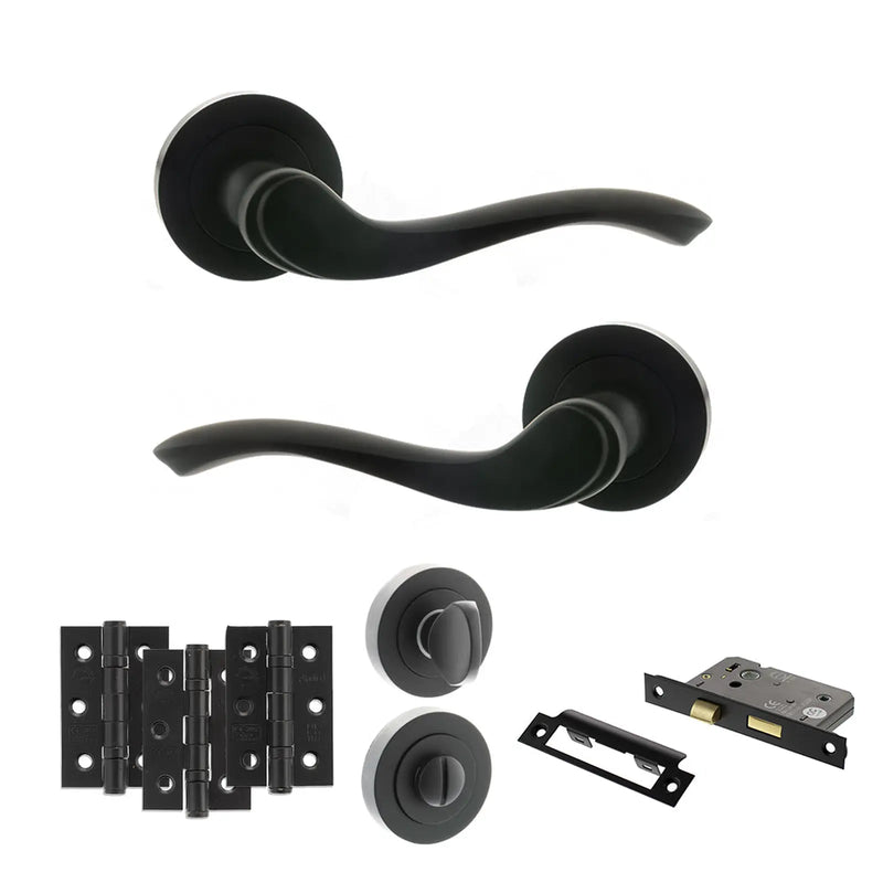 Atlantic Old English Warwick Door Handle Pack (Bathroom Set - 2.5" CE Bathroom Lock, 3" Fire Rated Hinges x3)