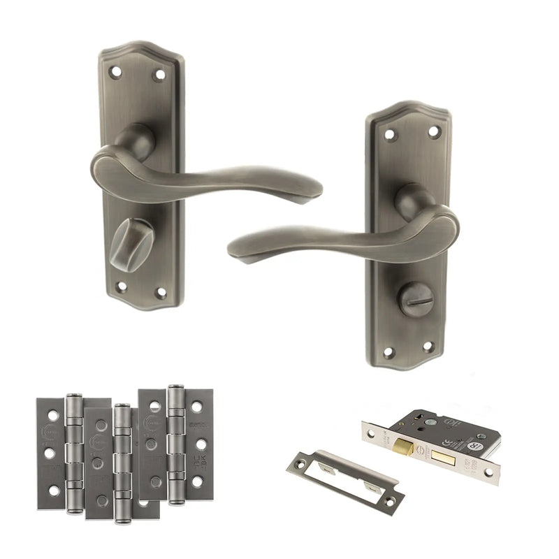 Atlantic Old English Warwick Door Handle Pack (Bathroom Set - 2.5" CE Bathroom Lock, 3" Fire Rated Hinges x3)