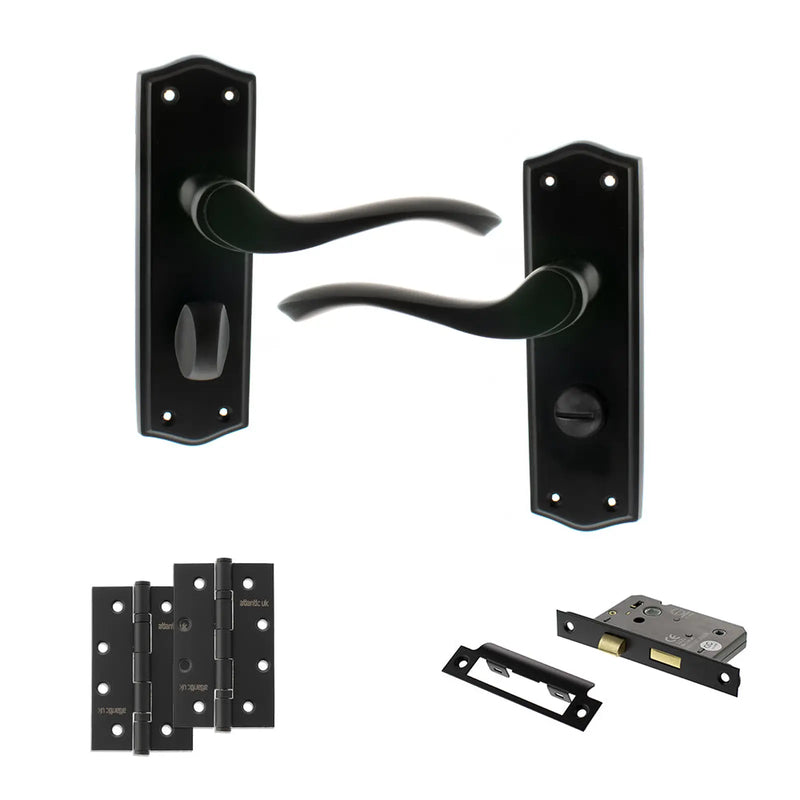 Atlantic Old English Warwick Door Handle Pack (Bathroom Set - 2.5" CE Bathroom Lock, 4" Slim Knuckle Hinges x2)