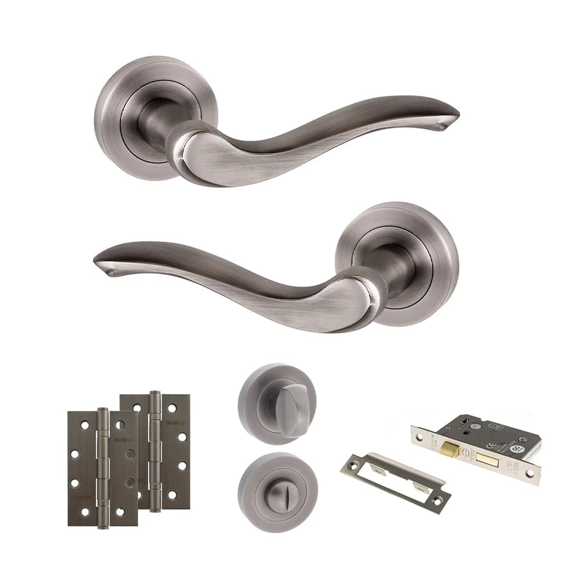 Atlantic Old English Warwick Door Handle Pack (Bathroom Set - 2.5" CE Bathroom Lock, 4" Slim Knuckle Hinges x2)