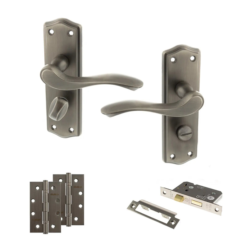 Atlantic Old English Warwick Door Handle Pack (Bathroom Set - 2.5" CE Bathroom Lock, 4" Slim Knuckle Hinges x2)