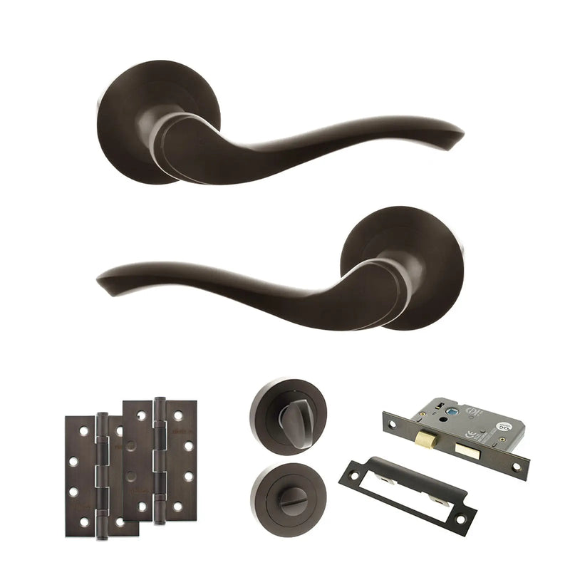 Atlantic Old English Warwick Door Handle Pack (Bathroom Set - 2.5" CE Bathroom Lock, 4" Slim Knuckle Hinges x2)