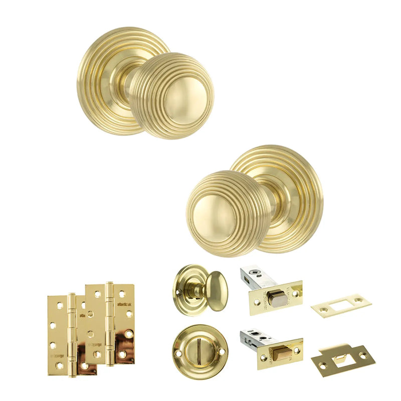 Atlantic Old English Ripon Door Knob Pack (Bathroom Set - 3" Deadbolt, 4" Slim Knuckle Hinges x2)
