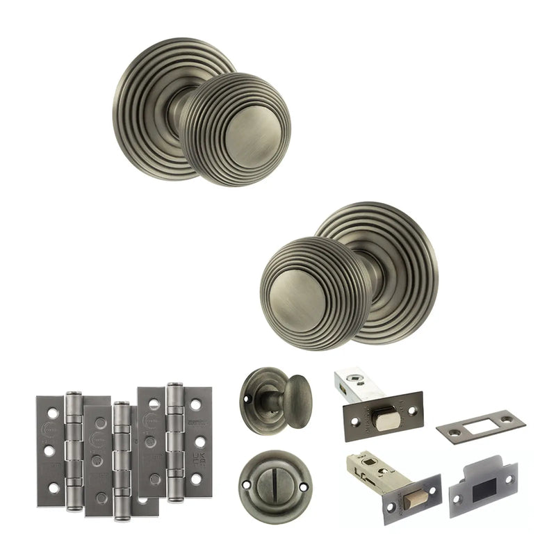 Atlantic Old English Ripon Door Knob Pack (Bathroom Set - 4" Deadbolt, 3" Fire Rated Hinges x3)
