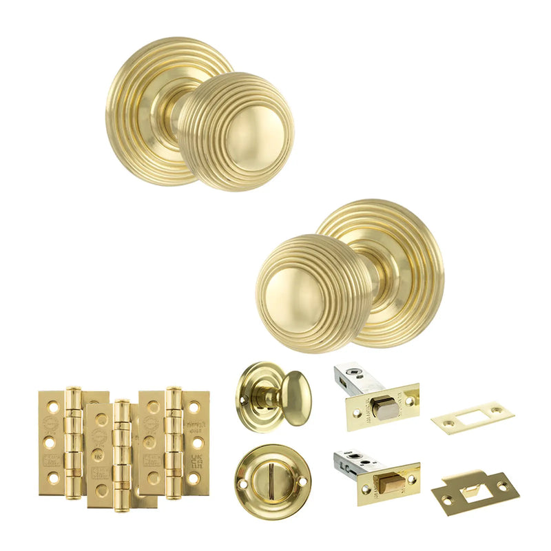 Atlantic Old English Ripon Door Knob Pack (Bathroom Set - 4" Deadbolt, 3" Fire Rated Hinges x3)